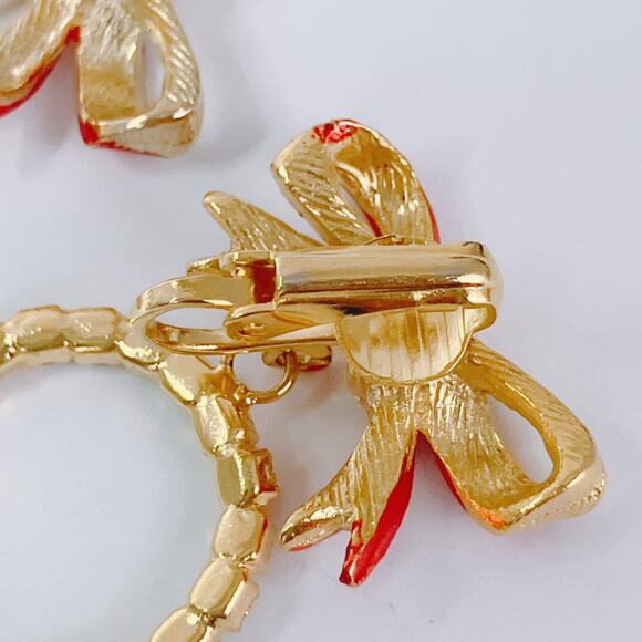 Vintage Christmas Clip On Rhinestone Wreath Earrings Red Bow Gold Tone Sparkling - Picture 13 of 13